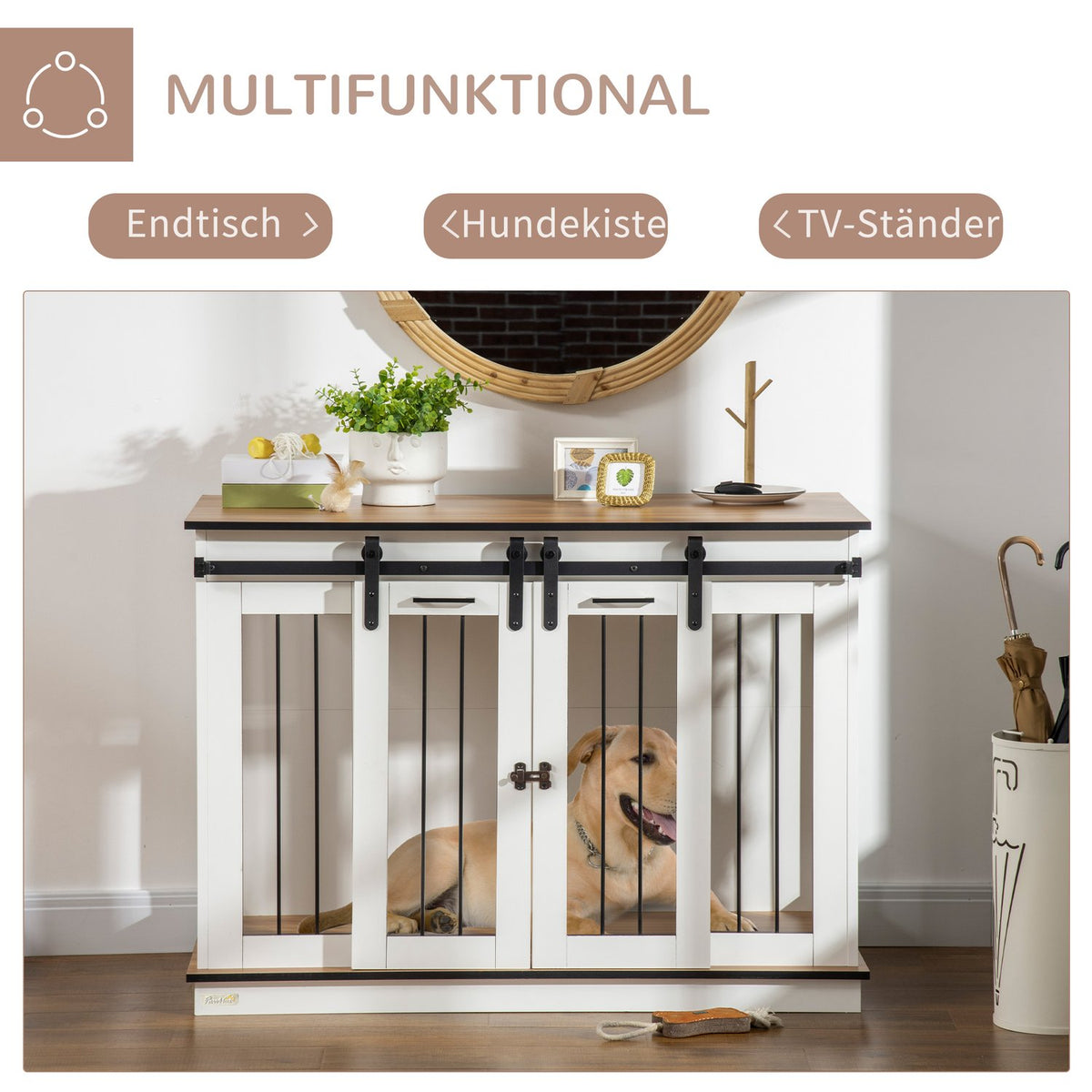 Dog Cage, Pet Cage, Dog House with Two Room Option for Medium Dogs, Dog Crate with Double Doors, Dog House, White, 120 x 60 x 88.5 cm