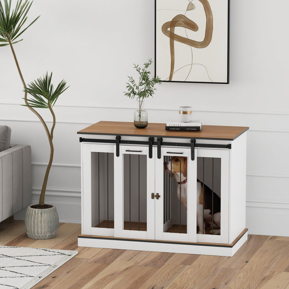 Dog Cage, Pet Cage, Dog House with Two Room Option for Medium Dogs, Dog Crate with Double Doors, Dog House, White, 120 x 60 x 88.5 cm