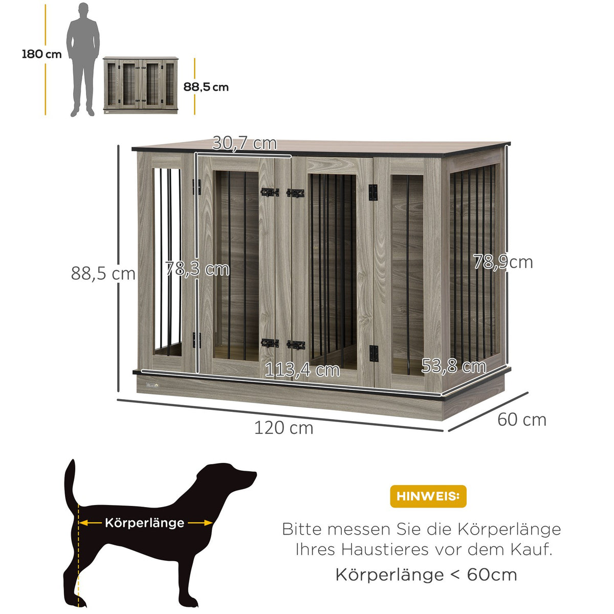 Dog Cage Pet Cage With Removable Divider Dog Box Animal Cage Dog House Interior Dark Walnut + Oak 120 X 60 X 88.5 Cm