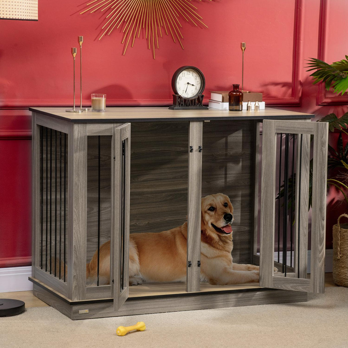 Dog Cage Pet Cage With Removable Divider Dog Box Animal Cage Dog House Interior Dark Walnut + Oak 120 X 60 X 88.5 Cm