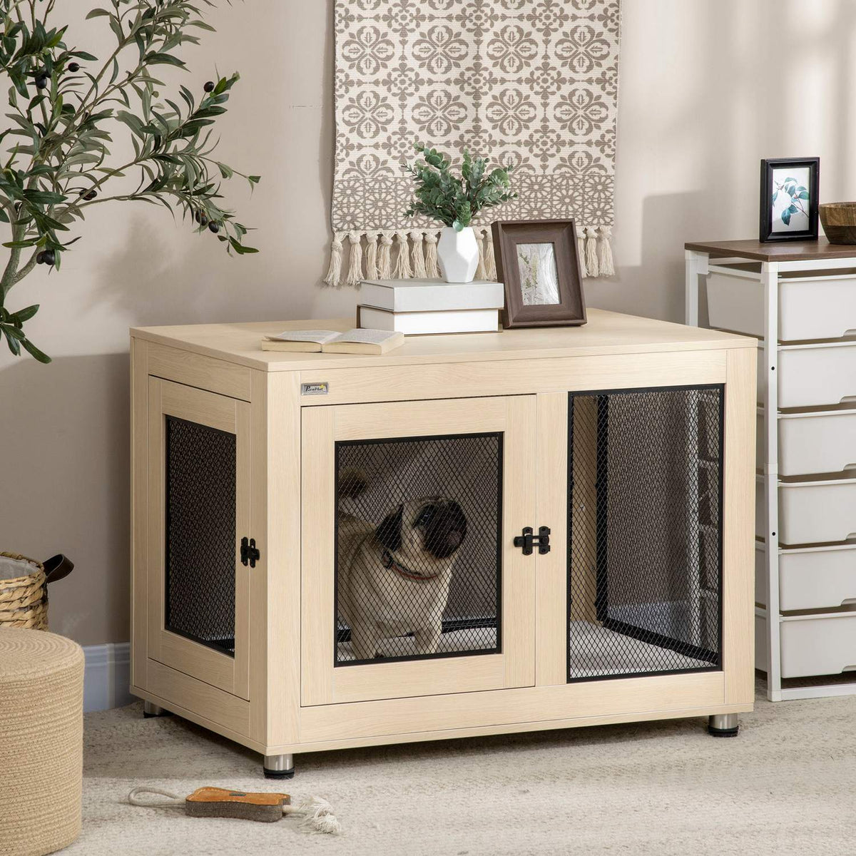 Dog Cage With Cushion Versatile Pet Cage & Kennel With 2 Doors, For Small To Medium Dogs, Oak, 94X60X71.5Cm