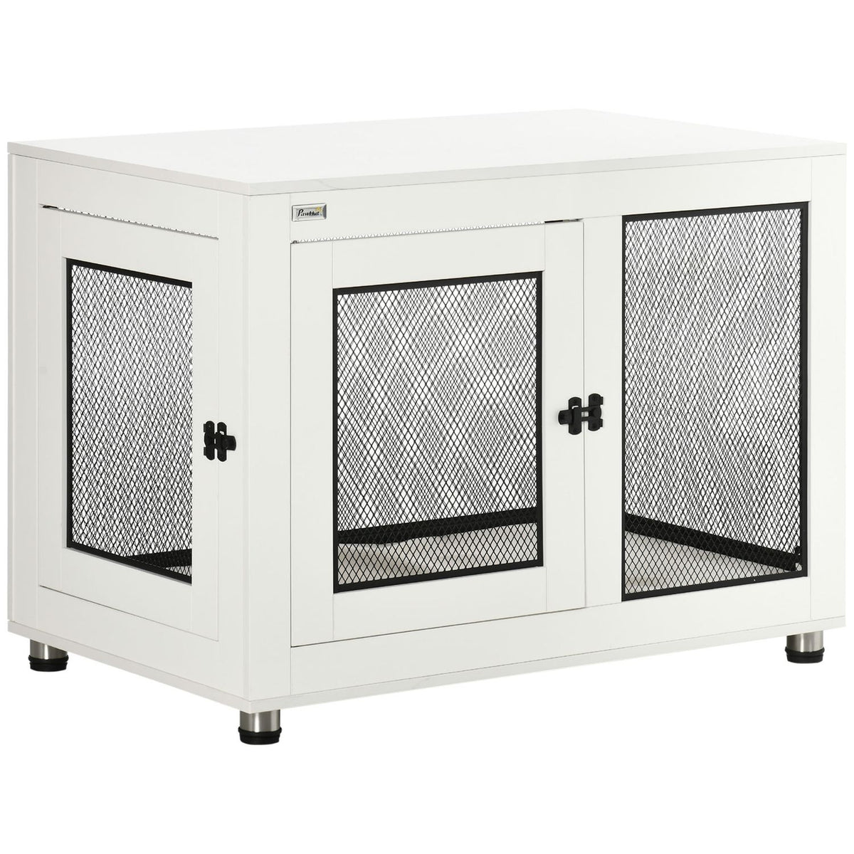 Dog Cage With Table Top, Dog House, Dog House With Cushion, Indoor Dog Box With 2 Doors, Side Table, White + Black, 94 X 60 X 71.5 Cm