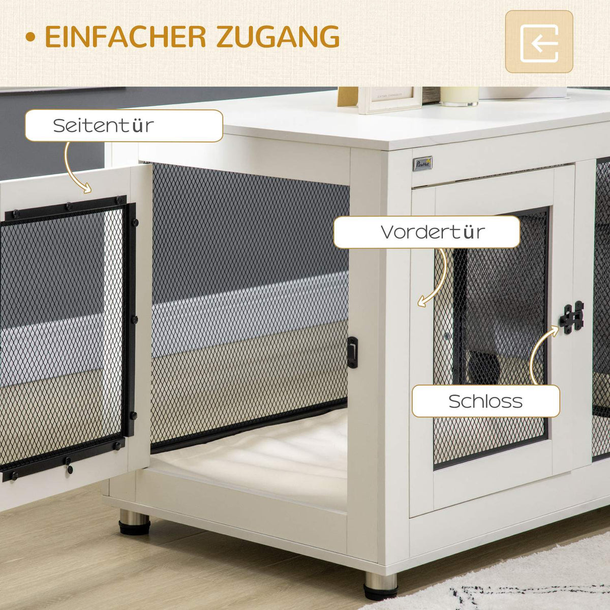 Dog Cage With Table Top, Dog House, Dog House With Cushion, Indoor Dog Box With 2 Doors, Side Table, White + Black, 94 X 60 X 71.5 Cm