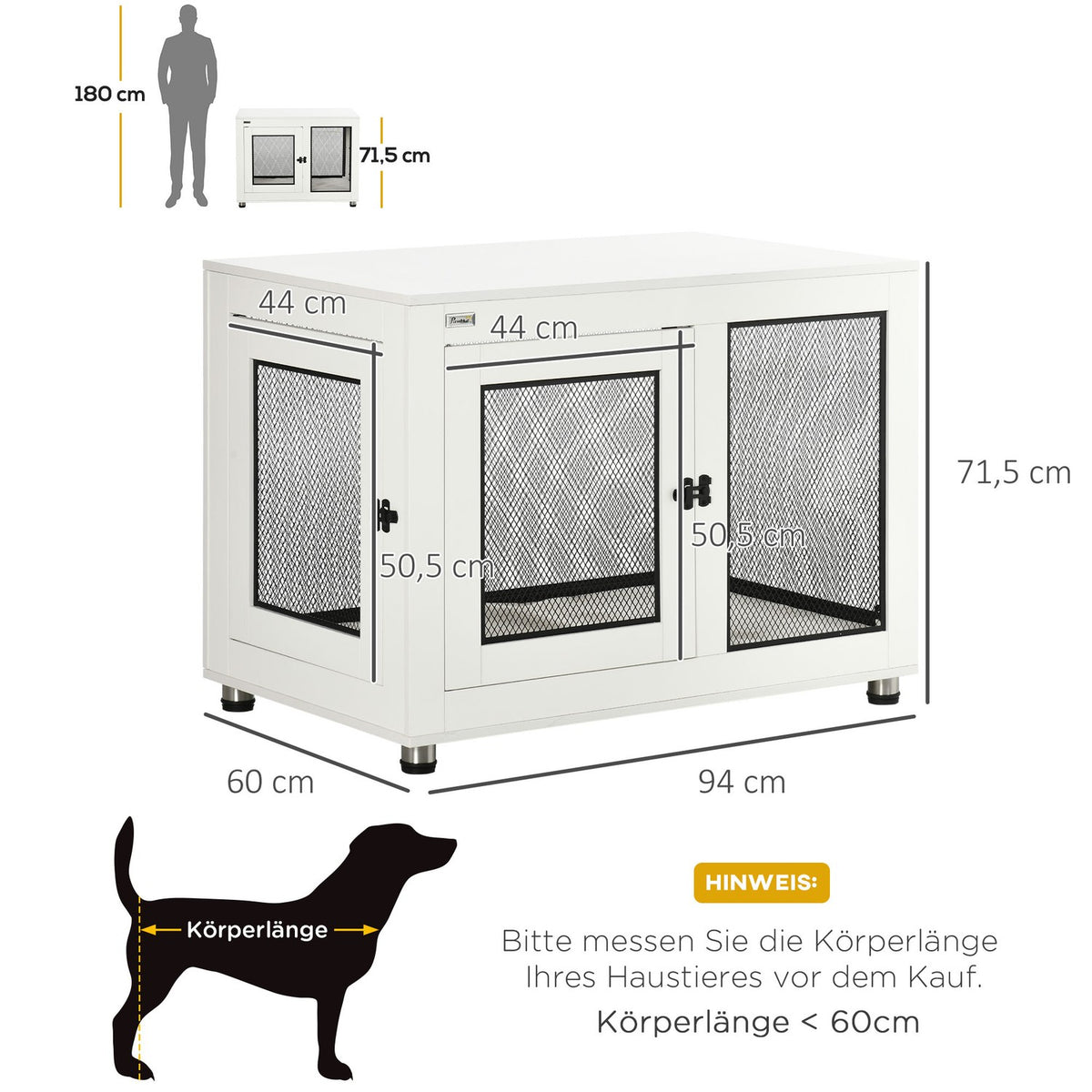 Dog Cage With Table Top, Dog House, Dog House With Cushion, Indoor Dog Box With 2 Doors, Side Table, White + Black, 94 X 60 X 71.5 Cm