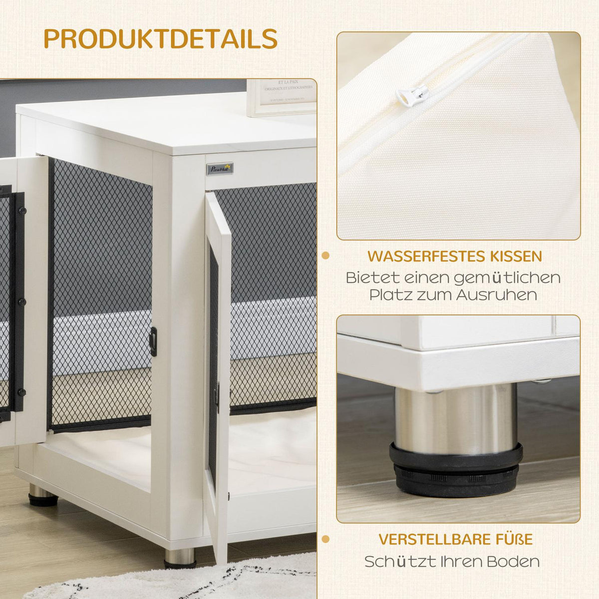 Dog Cage With Table Top, Dog House, Dog House With Cushion, Indoor Dog Box With 2 Doors, Side Table, White + Black, 94 X 60 X 71.5 Cm