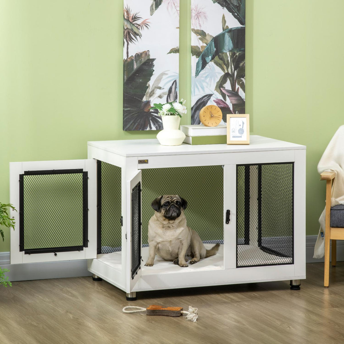 Dog Cage With Table Top, Dog House, Dog House With Cushion, Indoor Dog Box With 2 Doors, Side Table, White + Black, 94 X 60 X 71.5 Cm