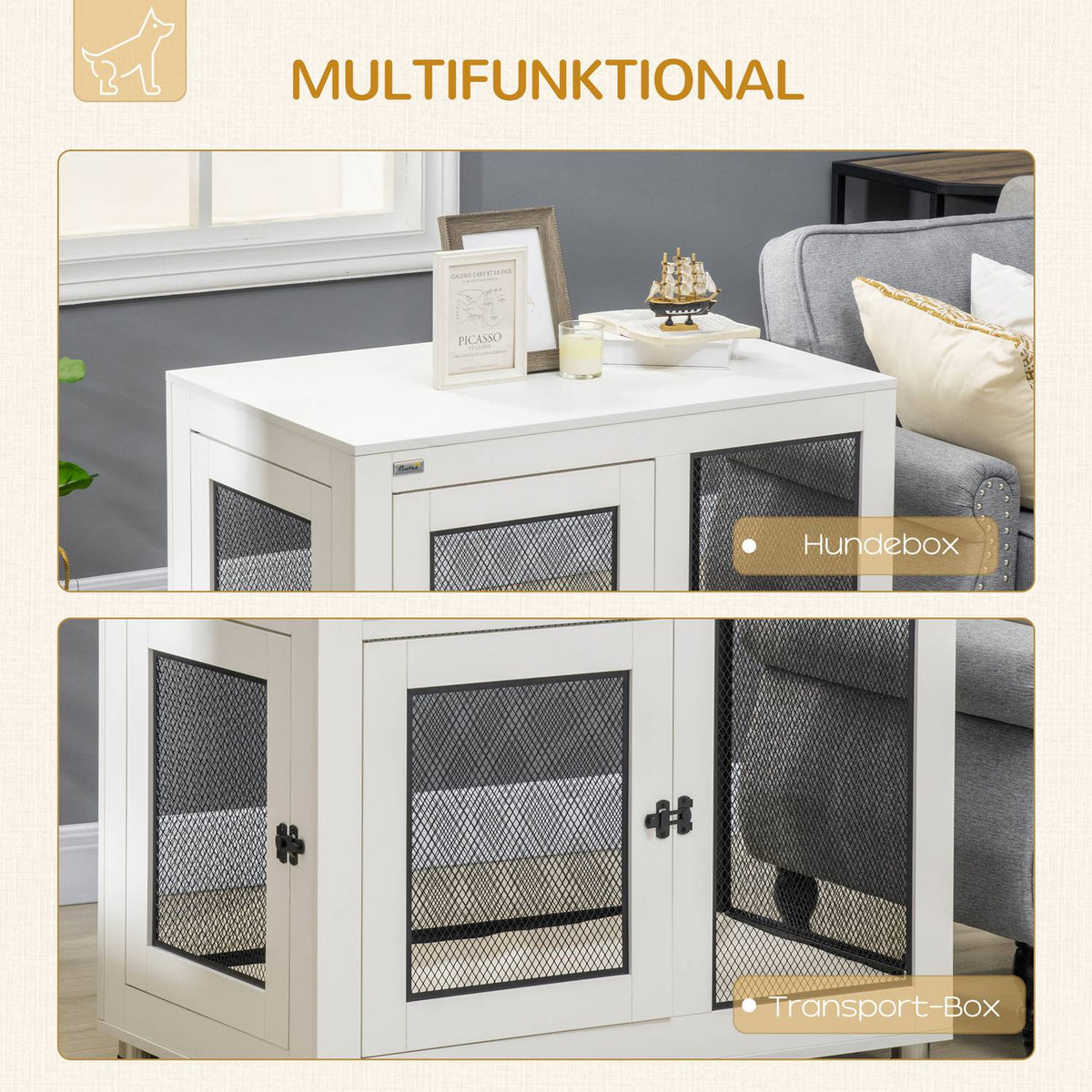 Dog Cage With Table Top, Dog House, Dog House With Cushion, Indoor Dog Box With 2 Doors, Side Table, White + Black, 94 X 60 X 71.5 Cm