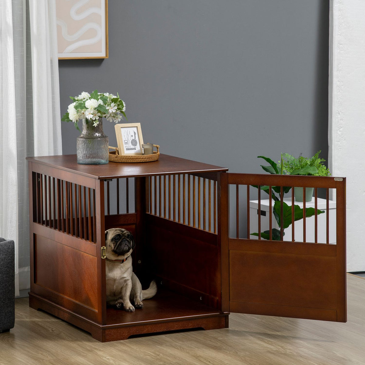 Dog Cage With Table Top Stylish Dog Kennel For Medium Dogs Indoor, Lockable Door, Brown, 80.5X59.5X67.5Cm