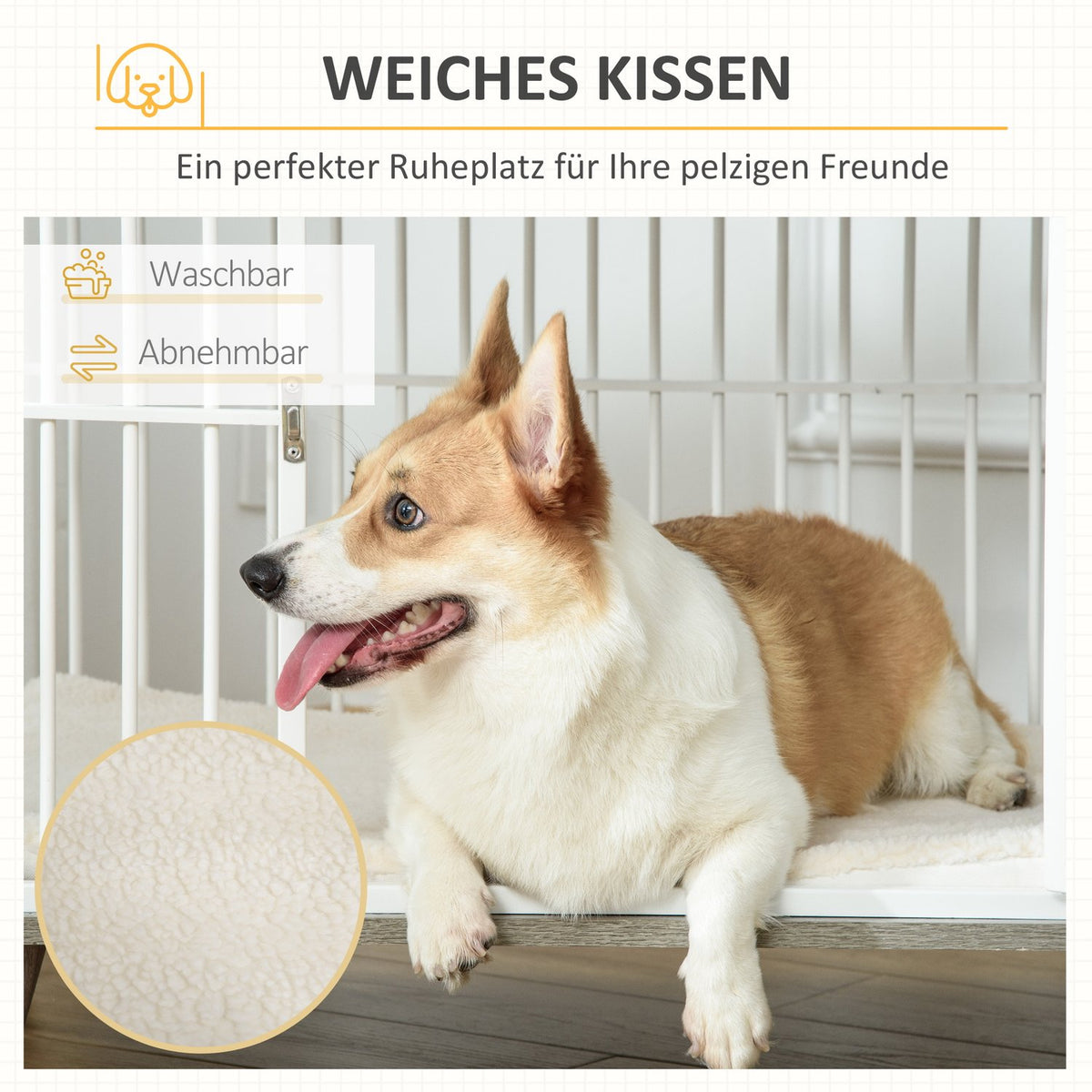 Dog Cage Wood Look Table Top Cushion Medium Dogs White + Gray 86X60X70Cm