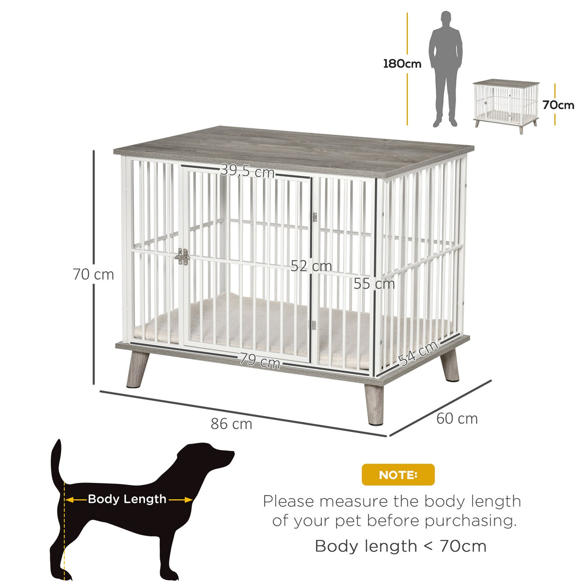 Dog Cage Wood Look Table Top Cushion Medium Dogs White + Gray 86X60X70Cm