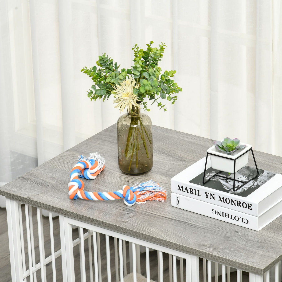 Dog Cage Wood Look Table Top Cushion Medium Dogs White + Gray 86X60X70Cm