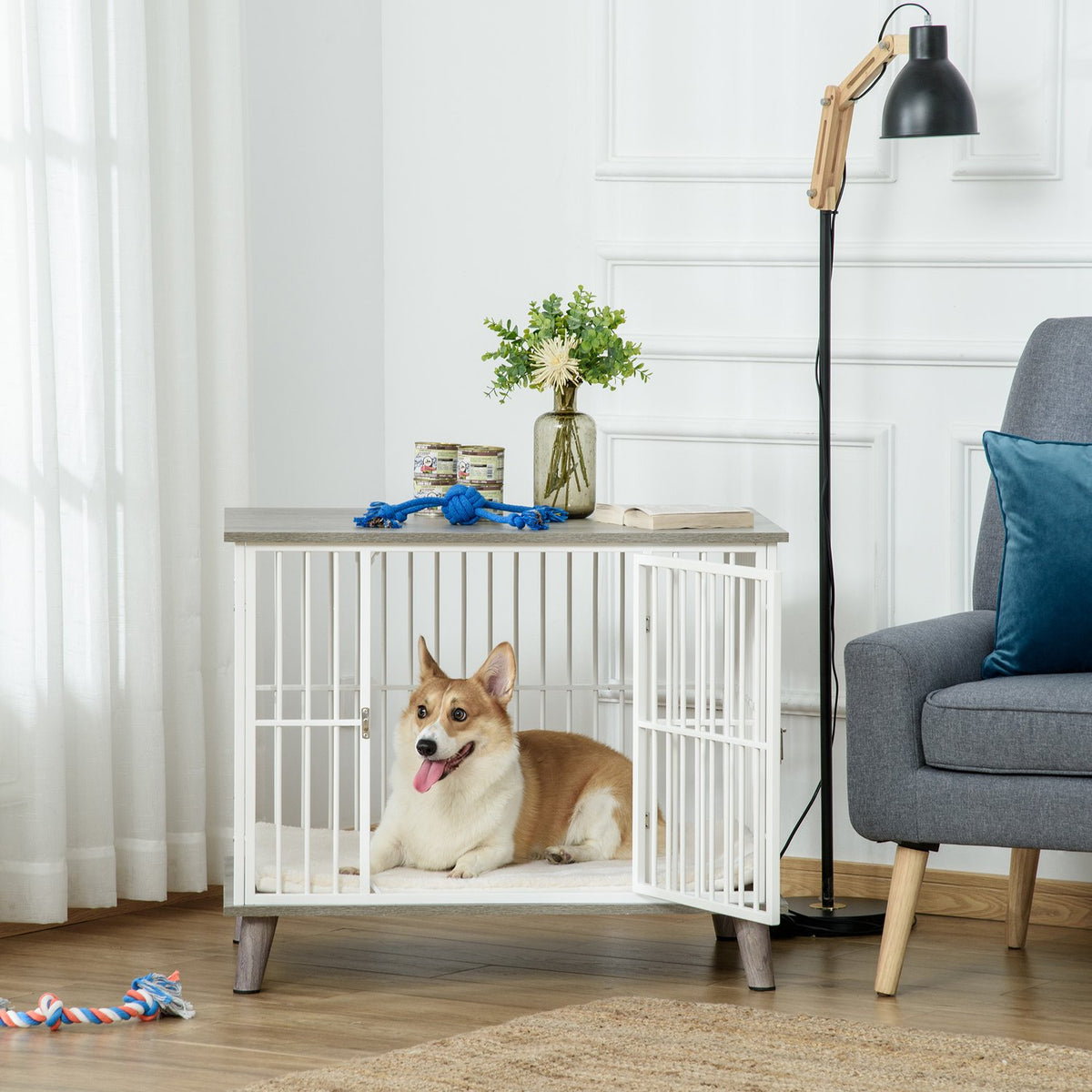 Dog Cage Wood Look Table Top Cushion Medium Dogs White + Gray 86X60X70Cm
