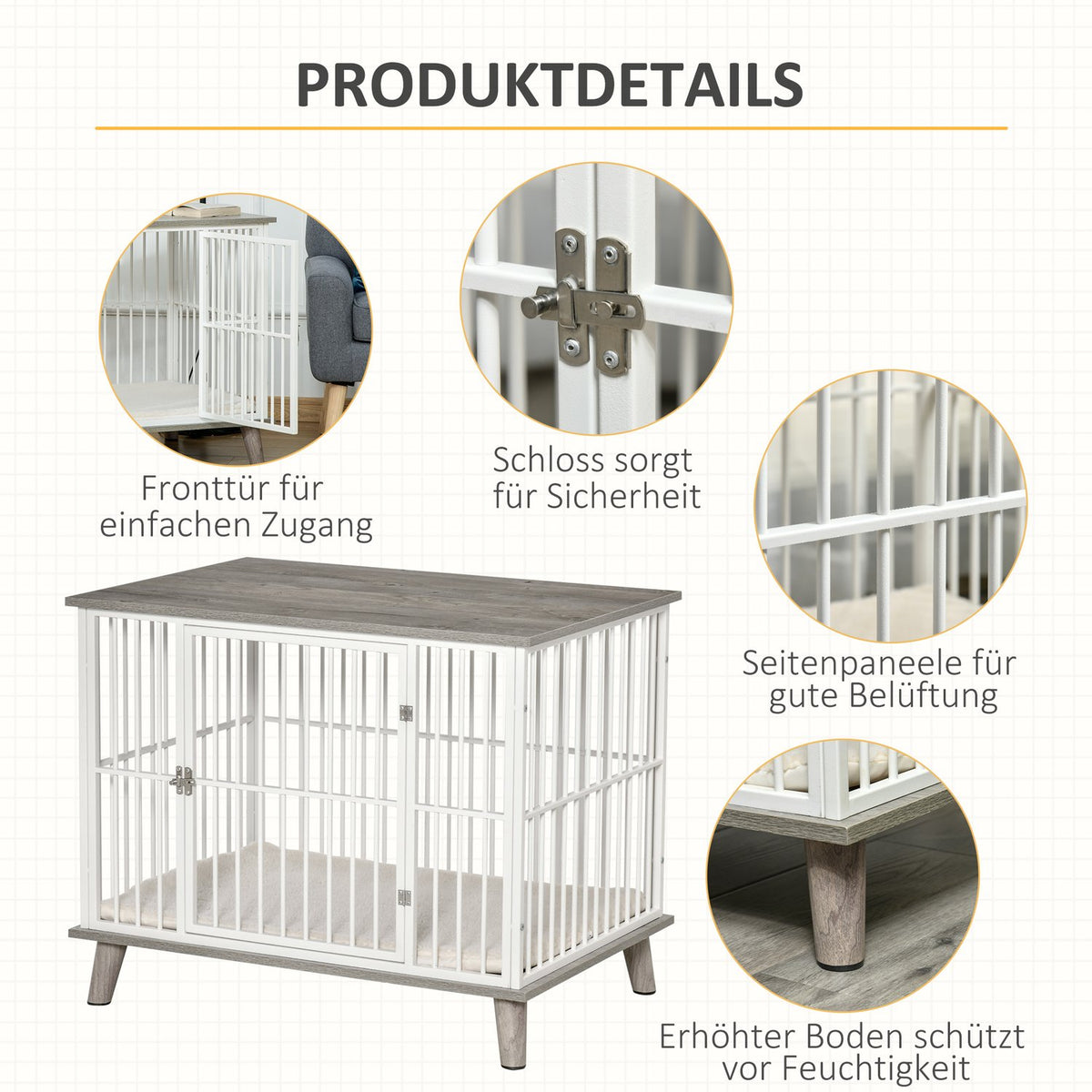 Dog Cage Wood Look Table Top Cushion Medium Dogs White + Gray 86X60X70Cm