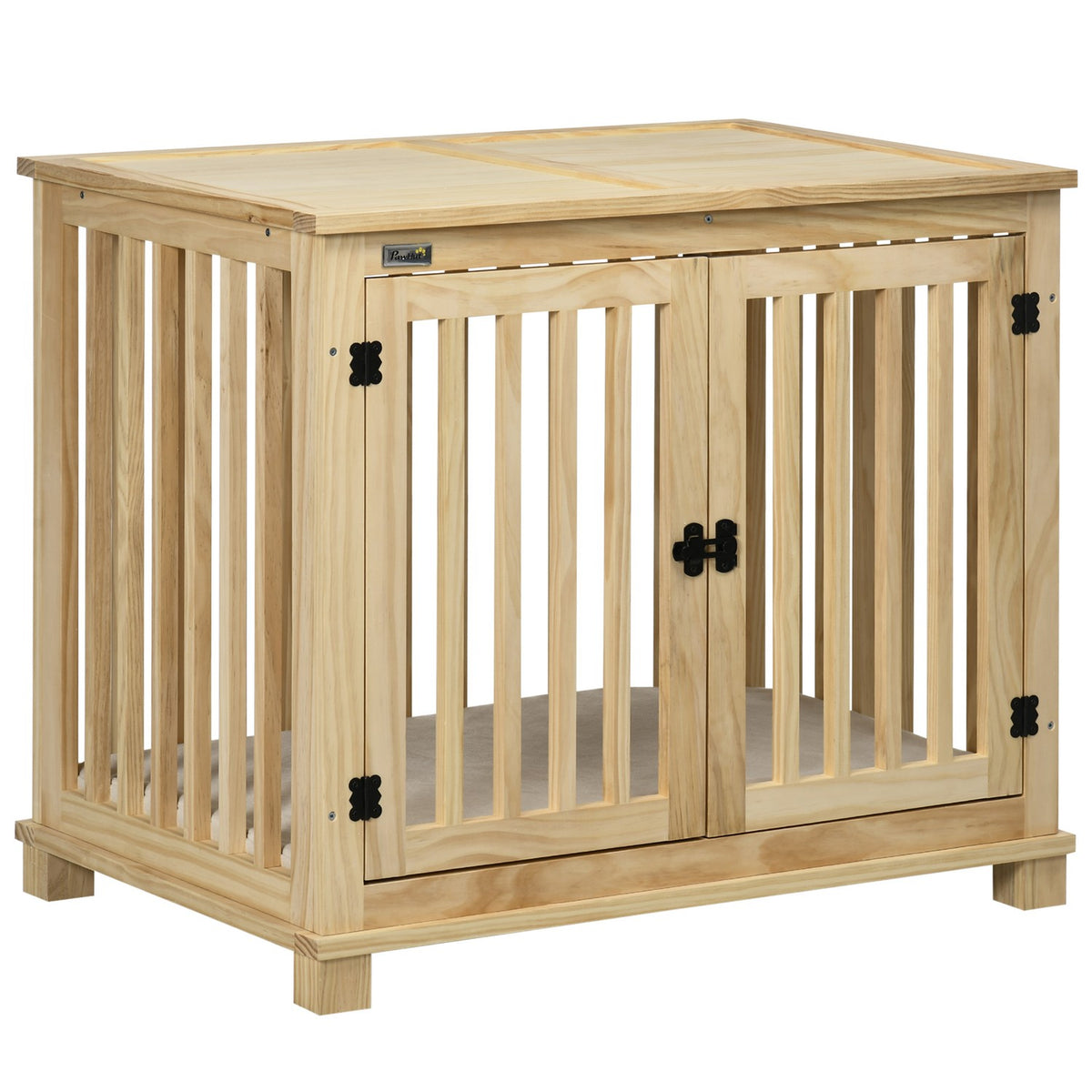 Dog Cage, Wooden Animal Cage, Pet Cage For Medium Dogs, Dog House With Cushion, Dog Box, Natural Wood + Cream White, 82.5 X 57 X 72 Cm