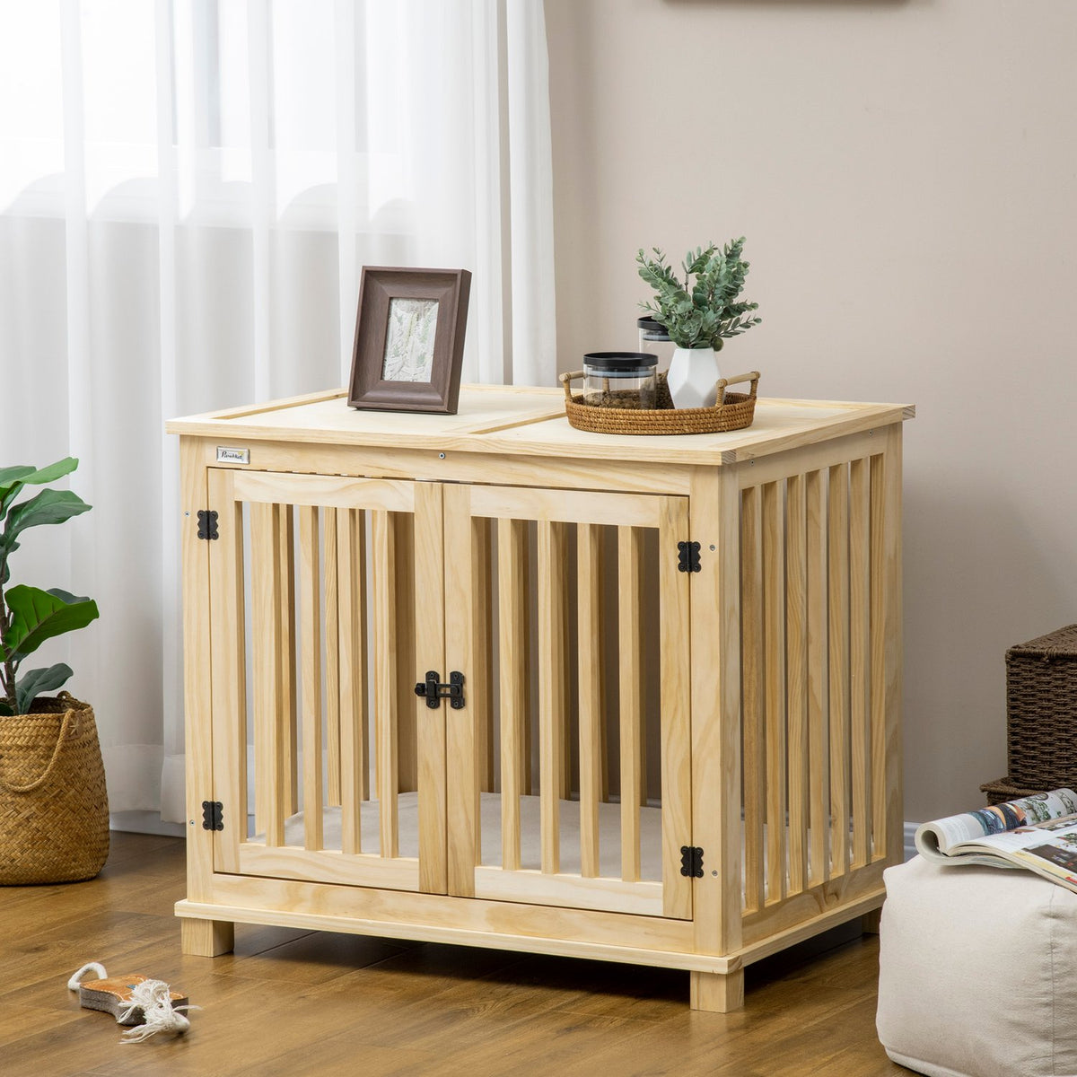 Dog Cage, Wooden Animal Cage, Pet Cage For Medium Dogs, Dog House With Cushion, Dog Box, Natural Wood + Cream White, 82.5 X 57 X 72 Cm