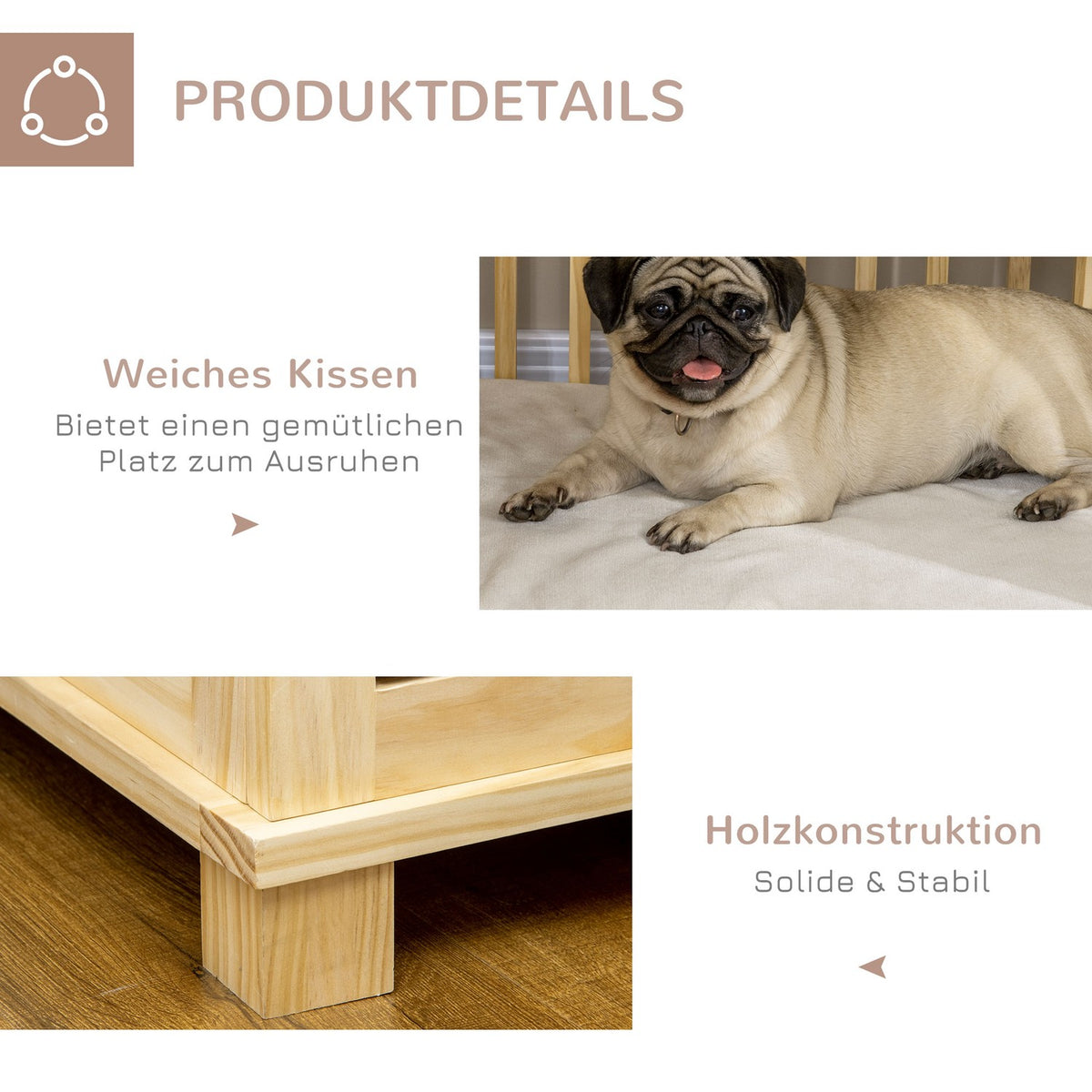 Dog Cage, Wooden Animal Cage, Pet Cage For Medium Dogs, Dog House With Cushion, Dog Box, Natural Wood + Cream White, 82.5 X 57 X 72 Cm