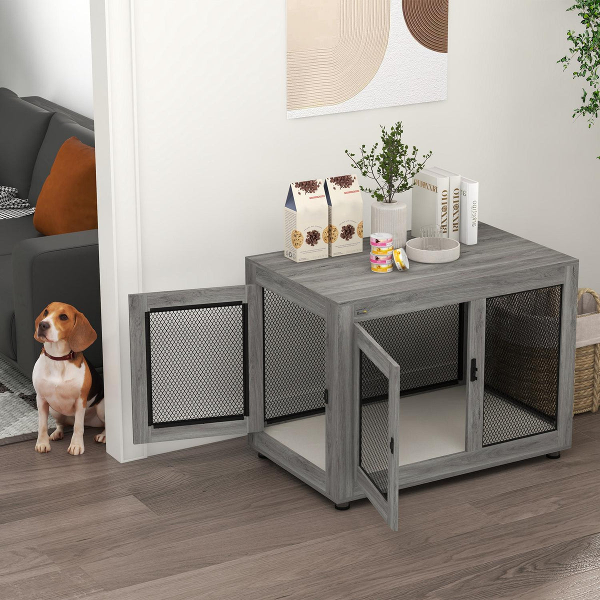 Dog Cage for Home, Dog Crate with 2 Doors, Washable Cushion, Dog Kennel with Adjustable Feet, Latch, for Large Dogs up to 30 kg, Gray, 94 x 60 x 71.5 cm