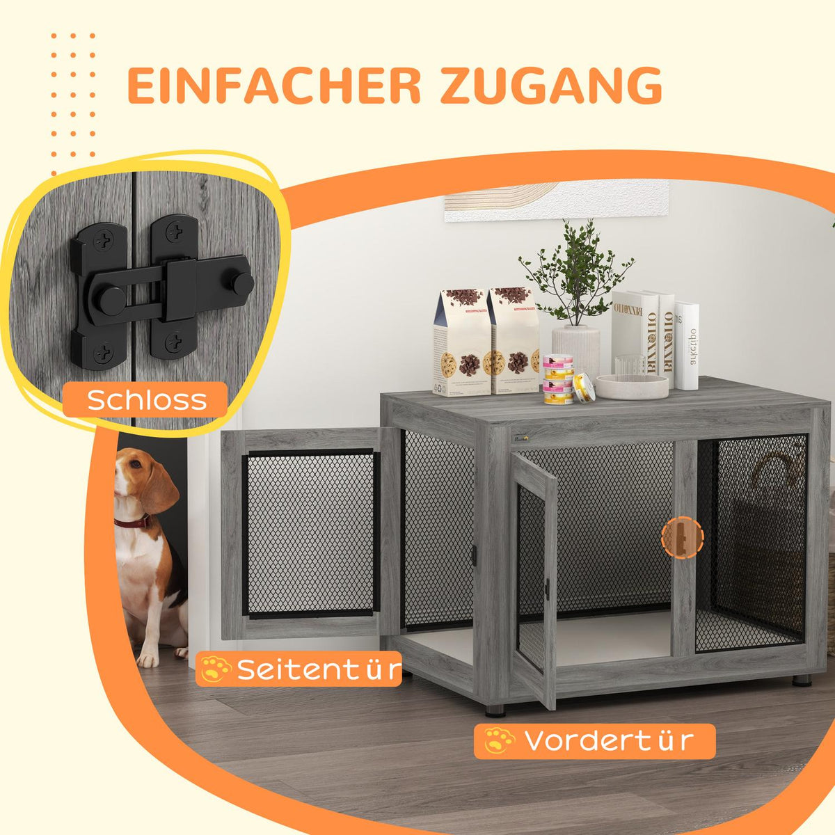 Dog Cage for Home, Dog Crate with 2 Doors, Washable Cushion, Dog Kennel with Adjustable Feet, Latch, for Large Dogs up to 30 kg, Gray, 94 x 60 x 71.5 cm