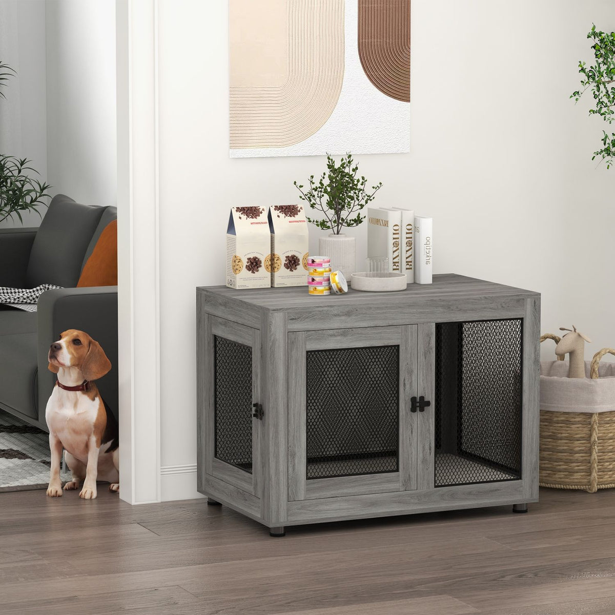 Dog Cage for Home, Dog Crate with 2 Doors, Washable Cushion, Dog Kennel with Adjustable Feet, Latch, for Large Dogs up to 30 kg, Gray, 94 x 60 x 71.5 cm