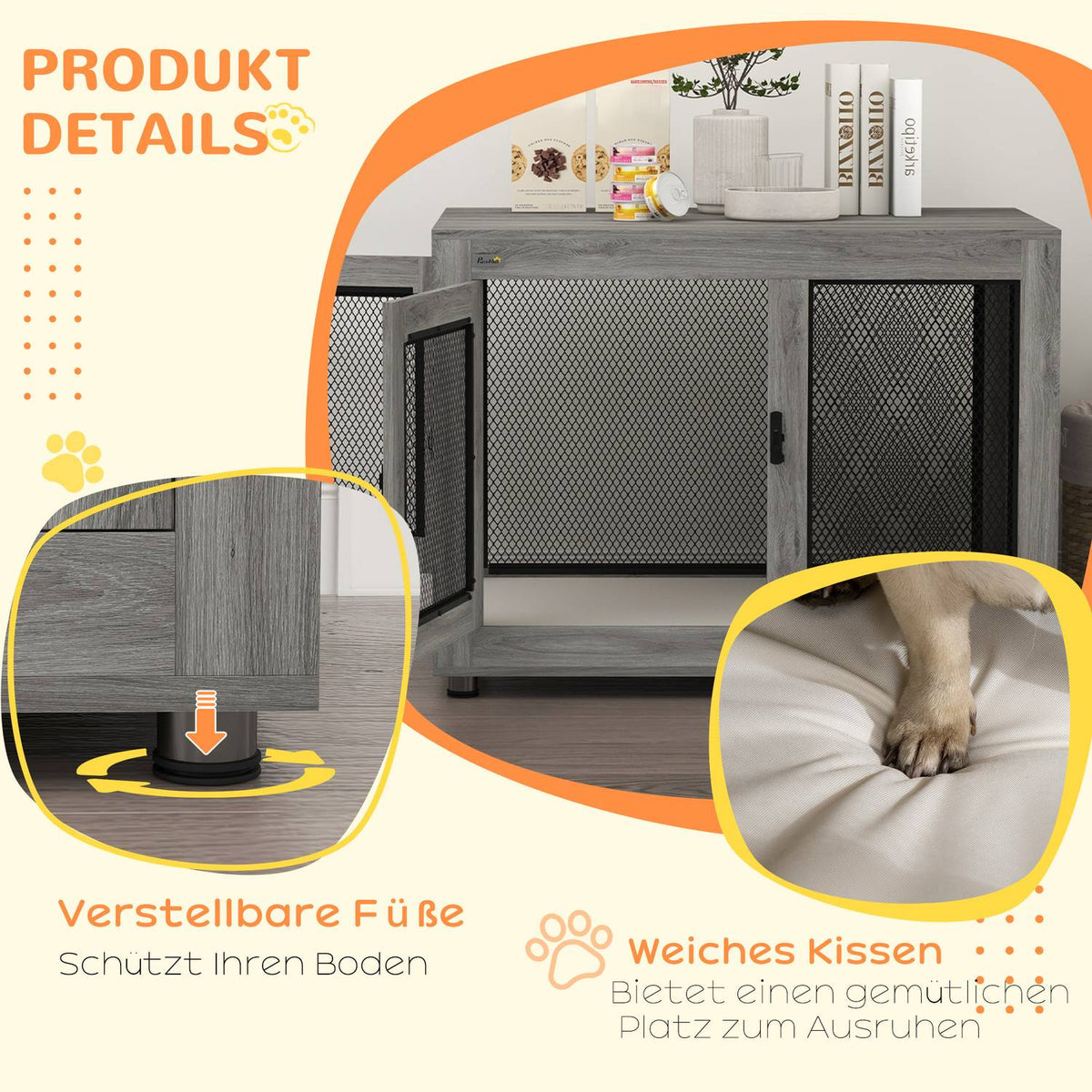 Dog Cage for Home, Dog Crate with 2 Doors, Washable Cushion, Dog Kennel with Adjustable Feet, Latch, for Large Dogs up to 30 kg, Gray, 94 x 60 x 71.5 cm
