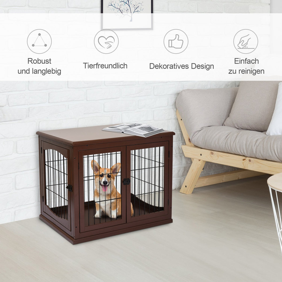 Dog Cage for Home, Dog House with 2 Entrances, Lockable Dog Crate, Dog House for Small Dogs, Brown, 58.5 x 81 x 66 cm