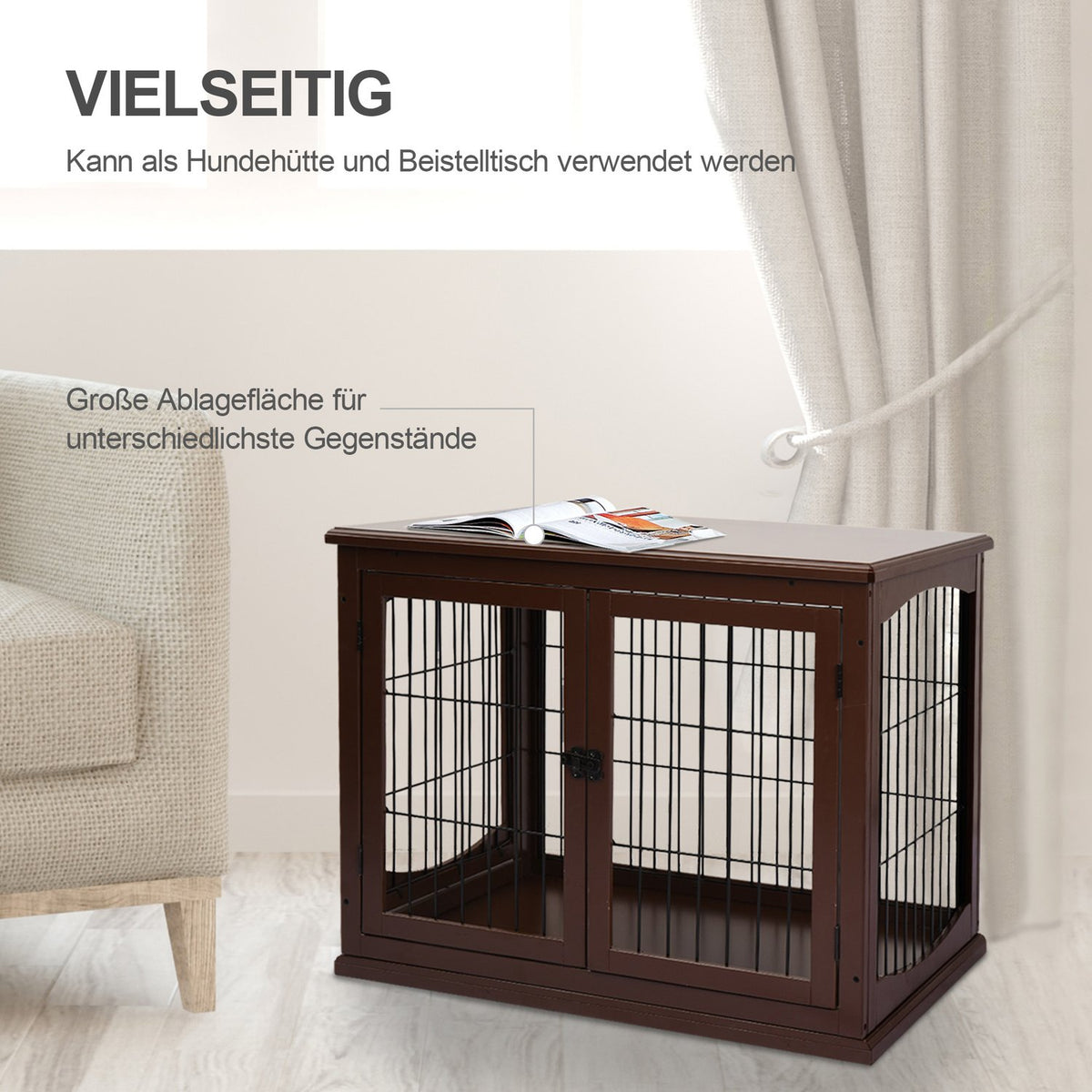 Dog Cage for Home, Dog House with 2 Entrances, Lockable Dog Crate, Dog House for Small Dogs, Brown, 58.5 x 81 x 66 cm