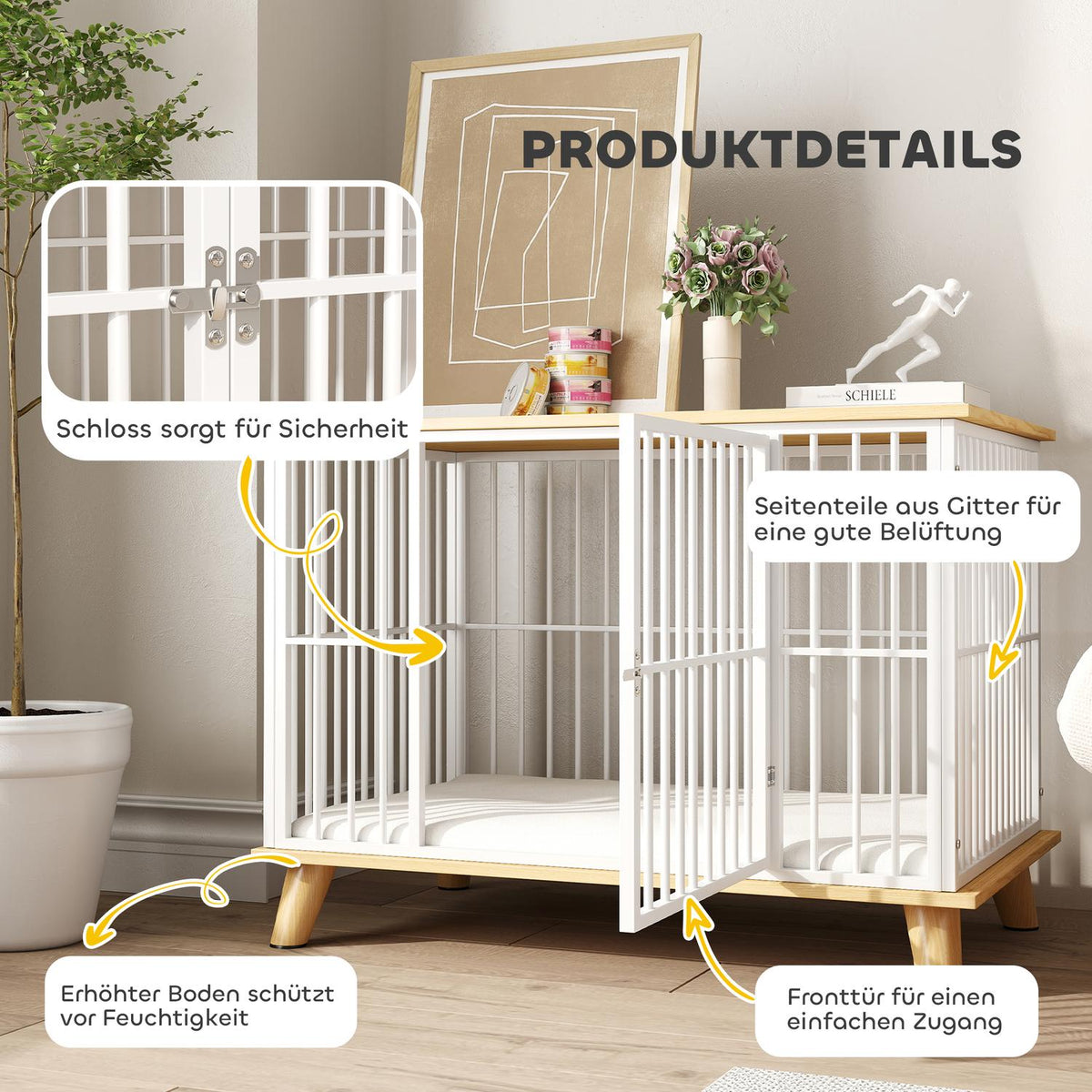 Dog Cage for Home, Lockable Dog Kennel with Cushion, Dog Crate with Door, Dog House for Medium Dogs under 15 kg, Oak, 86 x 60 x 70 cm