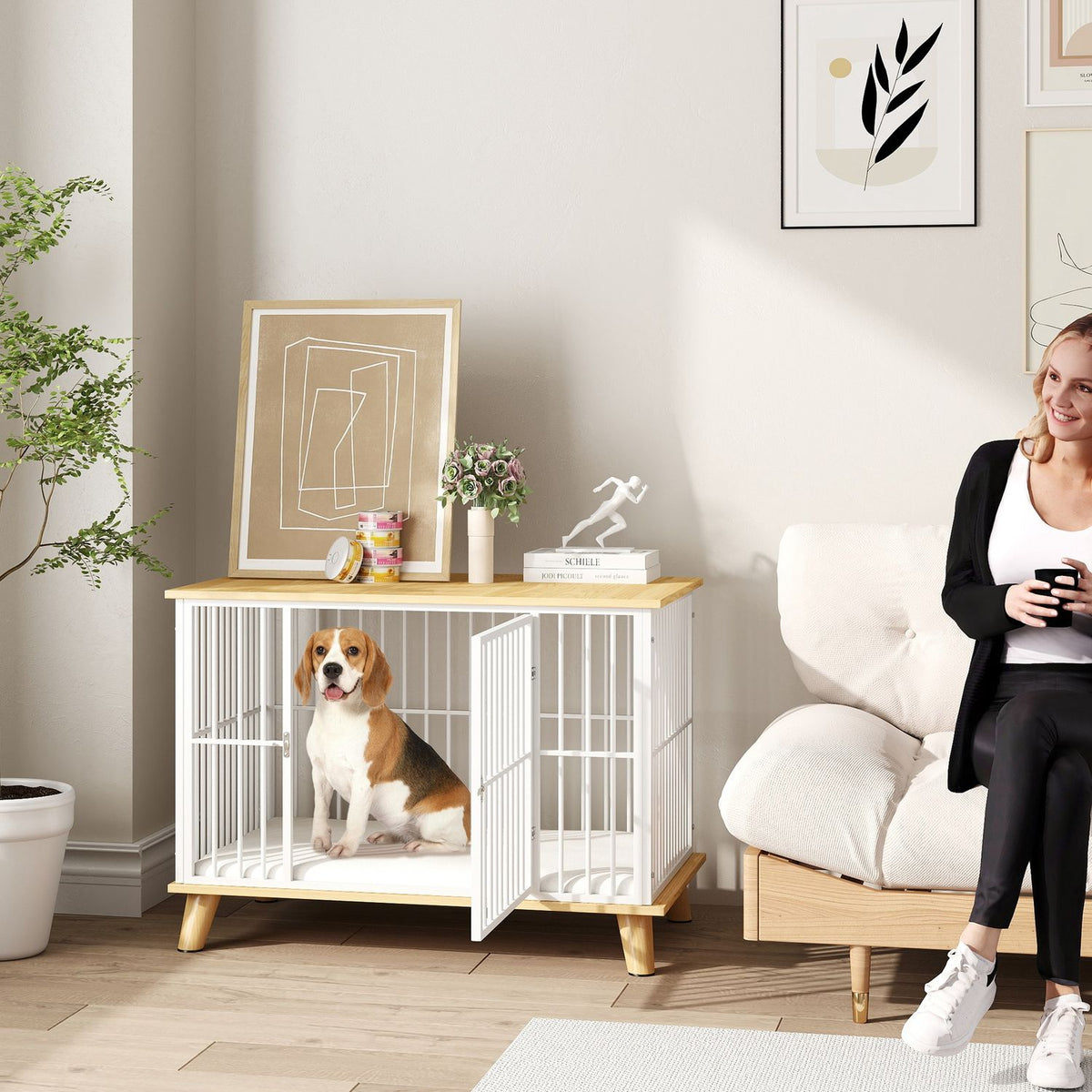 Dog Cage for Home, Lockable Dog Kennel with Cushion, Dog Crate with Door, Dog House for Medium Dogs under 15 kg, Oak, 86 x 60 x 70 cm