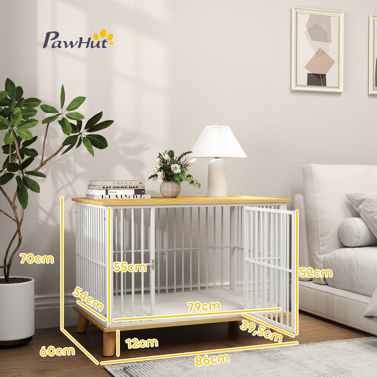 Dog Cage for Home, Lockable Dog Kennel with Cushion, Dog Crate with Door, Dog House for Medium Dogs under 15 kg, Oak, 86 x 60 x 70 cm