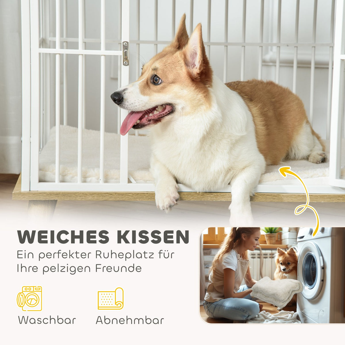 Dog Cage for Home, Lockable Dog Kennel with Cushion, Dog Crate with Door, Dog House for Medium Dogs under 15 kg, Oak, 86 x 60 x 70 cm