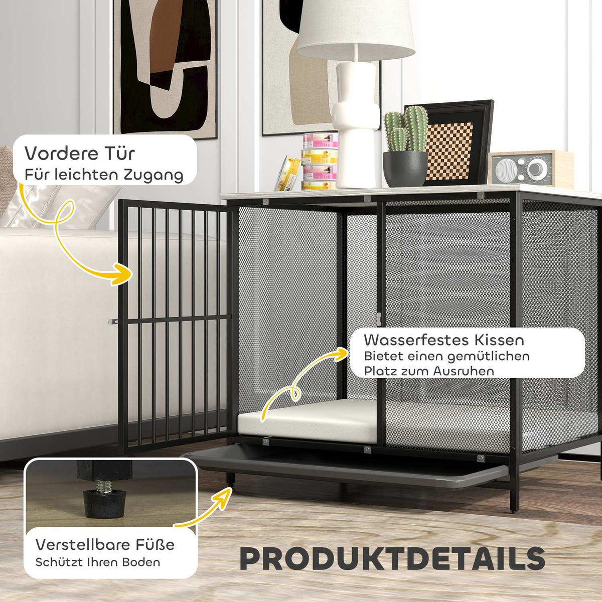 Dog Cage for Home, Lockable Dog Kennel with Cushion, Dog Crate with Pallets, Dog House for Medium Dogs under 20 kg, Grey, 88 x 55 x 71 cm