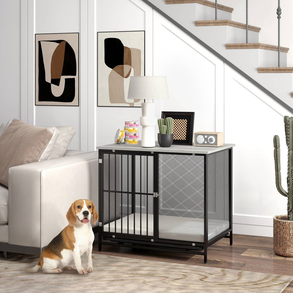 Dog Cage for Home, Lockable Dog Kennel with Cushion, Dog Crate with Pallets, Dog House for Medium Dogs under 20 kg, Grey, 88 x 55 x 71 cm