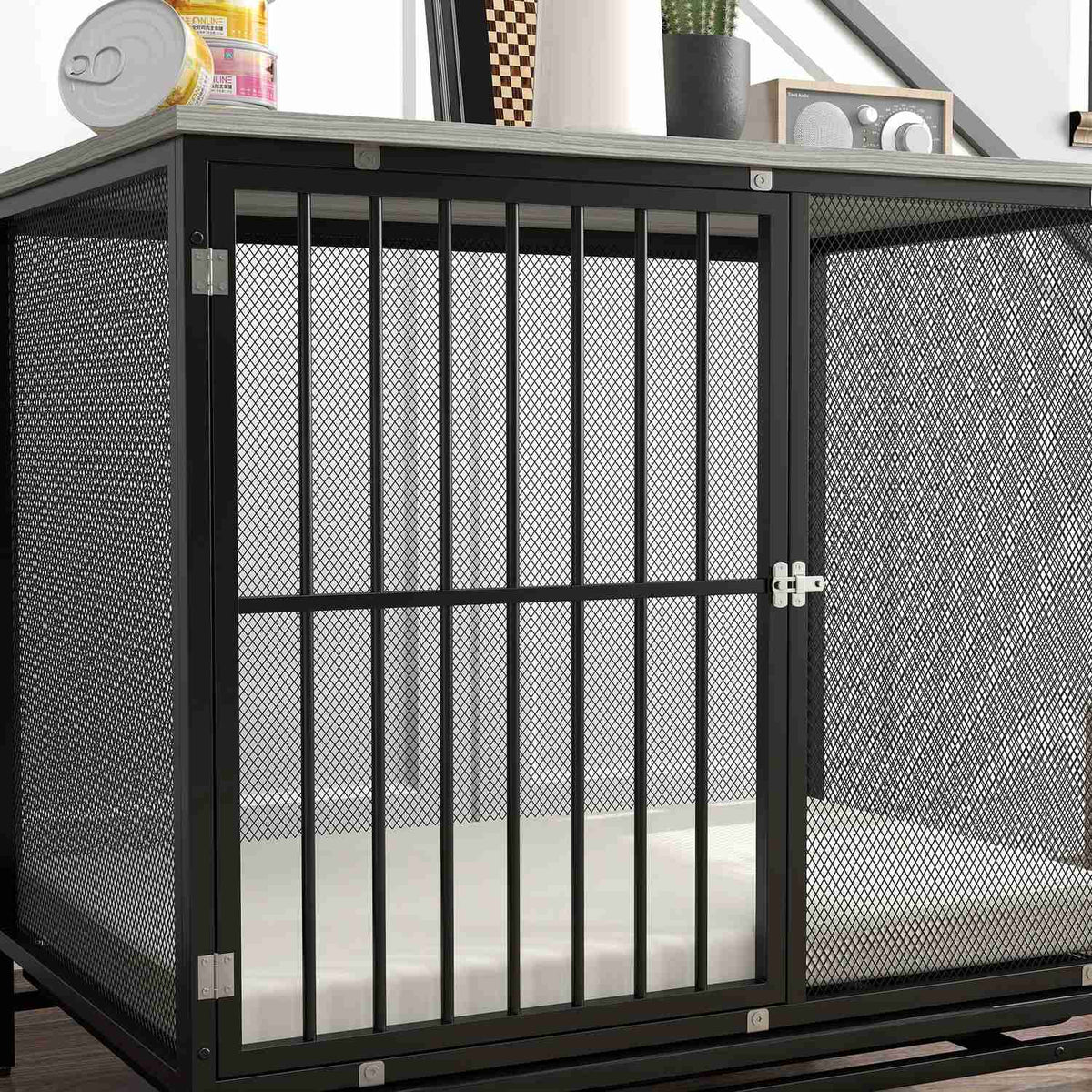 Dog Cage for Home, Lockable Dog Kennel with Cushion, Dog Crate with Pallets, Dog House for Medium Dogs under 20 kg, Grey, 88 x 55 x 71 cm
