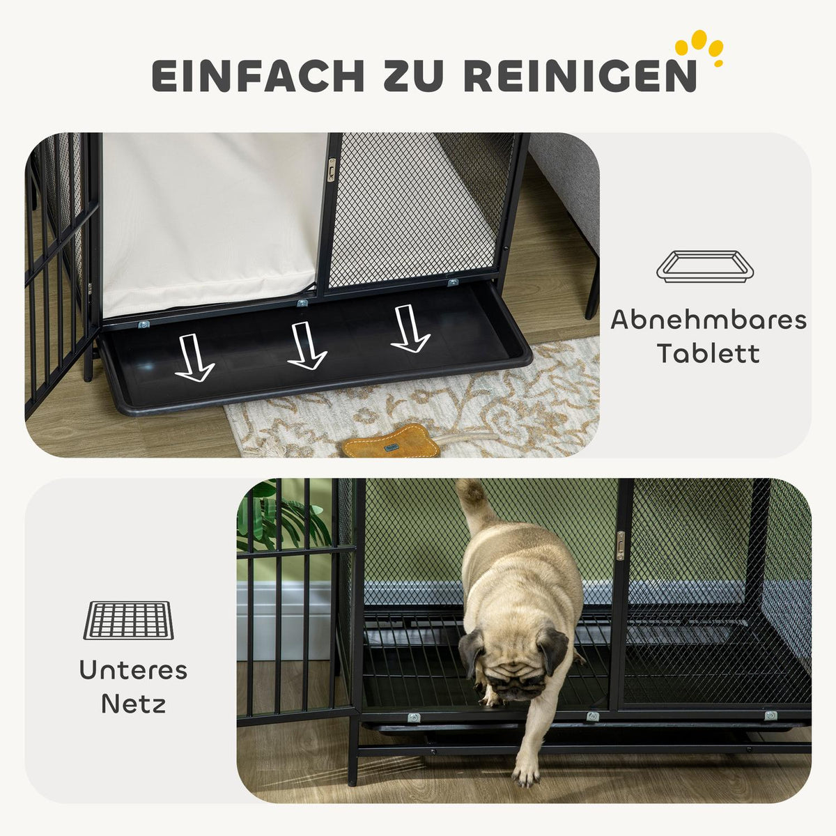 Dog Cage for Home, Lockable Dog Kennel with Cushion, Dog Crate with Pallets, Dog House for Medium Dogs under 20 kg, Grey, 88 x 55 x 71 cm