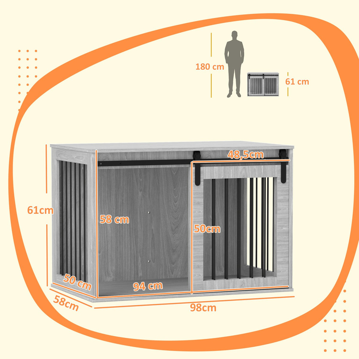 Dog Cage for Home, Lockable Dog Kennel with Entrance, Dog Box with Sliding Door, Dog House for Large Dogs under 30 kg, Grey, 98 x 58 x 61 cm