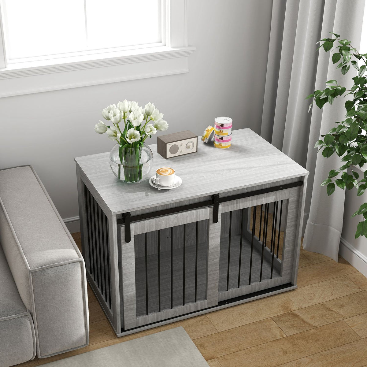 Dog Cage for Home, Lockable Dog Kennel with Entrance, Dog Box with Sliding Door, Dog House for Large Dogs under 30 kg, Grey, 98 x 58 x 61 cm
