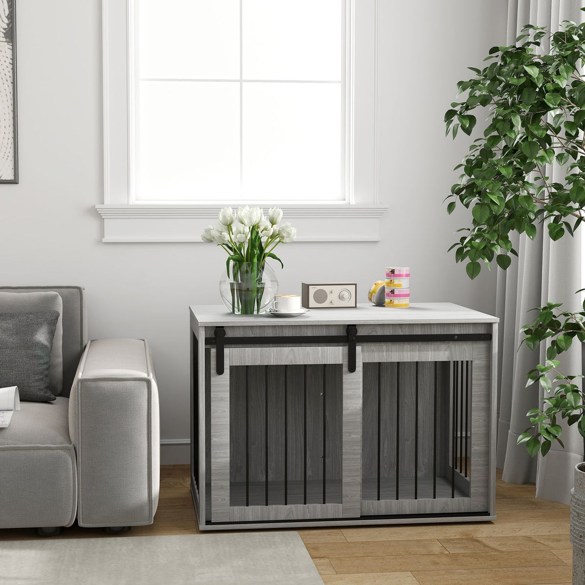Dog Cage for Home, Lockable Dog Kennel with Entrance, Dog Box with Sliding Door, Dog House for Large Dogs under 30 kg, Grey, 98 x 58 x 61 cm