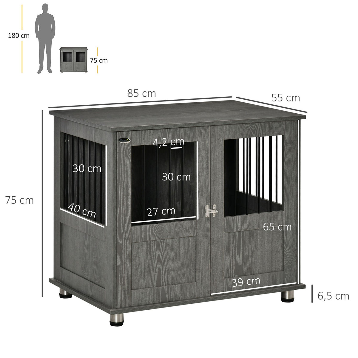 Dog Cage for Home, Pet Cage, Indoor Dog Kennel with Lock, Magnetic Door, Dog House with Window, Dog Box for Small and Medium Dogs, Grey, 85 x 55 x 87 cm