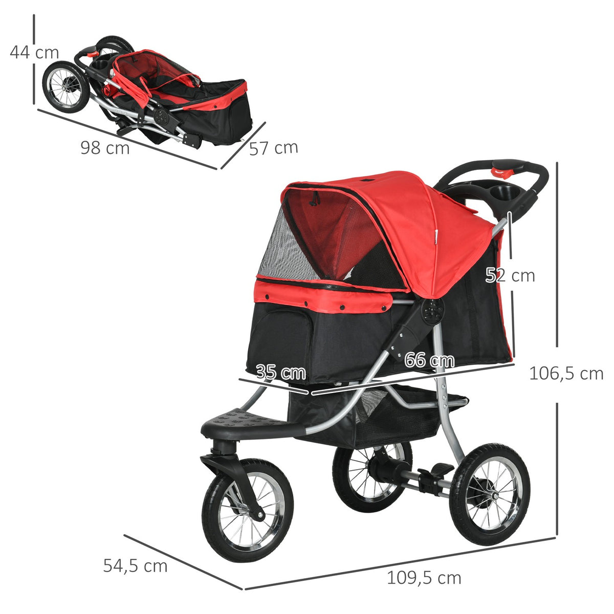 Dog Cart Dog Buggy Cat Buggy Pet Stroller With 3 Wheels Foldable Dog Cat Oxford Red + Black 109.5 X 54.5 X 106.5 Cm