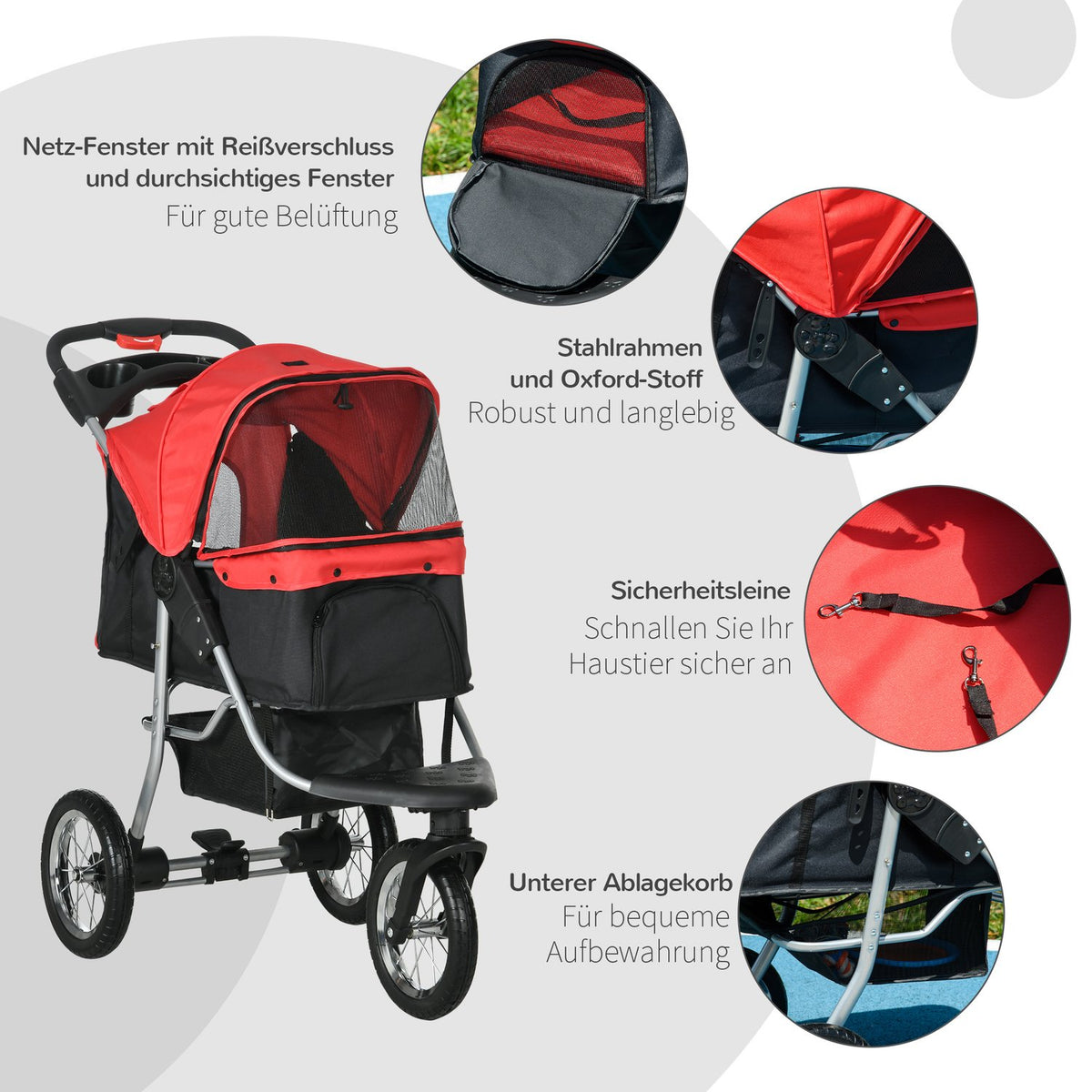 Dog Cart Dog Buggy Cat Buggy Pet Stroller With 3 Wheels Foldable Dog Cat Oxford Red + Black 109.5 X 54.5 X 106.5 Cm