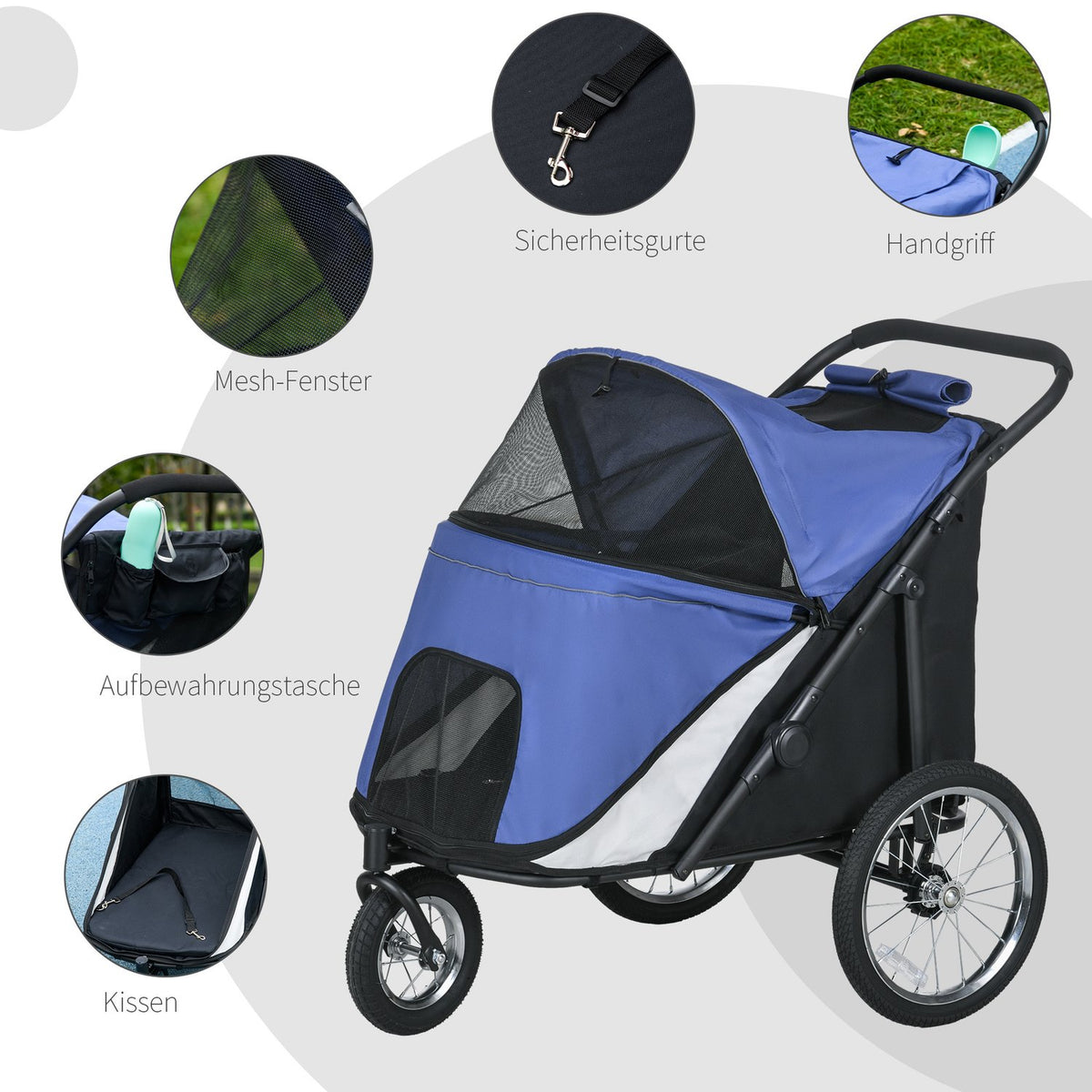 Dog Cart Dog Buggy Mesh Window Foldable Cat Cart Safety Leash Large Rubber Wheels Up To 30Kg Oxford Blue