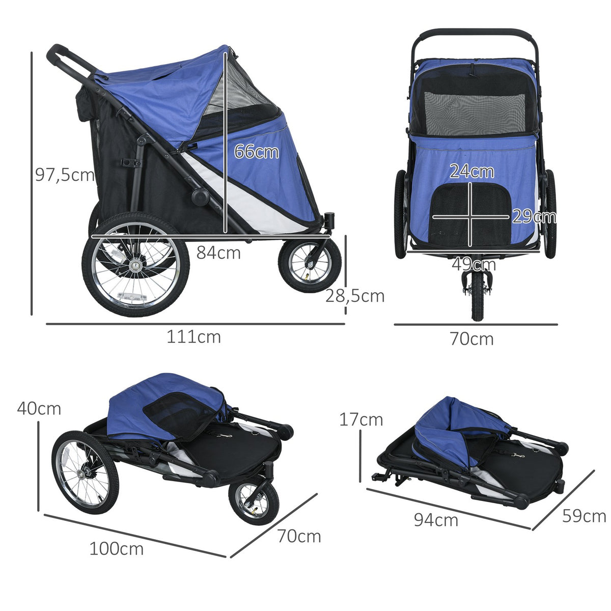 Dog Cart Dog Buggy Mesh Window Foldable Cat Cart Safety Leash Large Rubber Wheels Up To 30Kg Oxford Blue