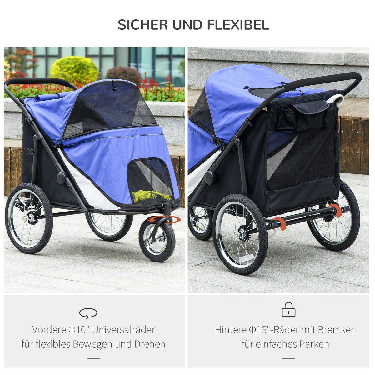 Dog Cart Dog Buggy Mesh Window Foldable Cat Cart Safety Leash Large Rubber Wheels Up To 30Kg Oxford Blue