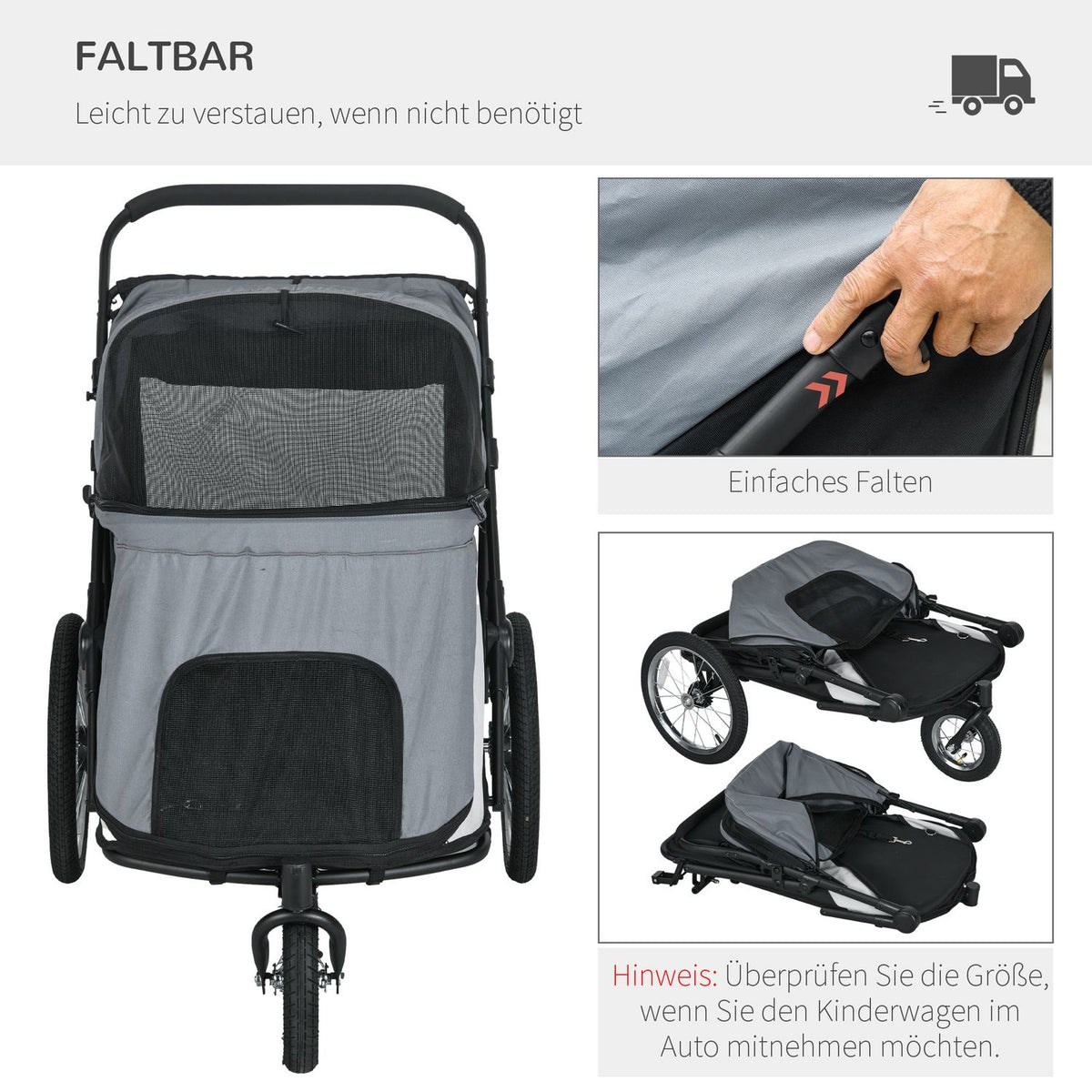 Dog Cart Dog Buggy Mesh Window Foldable Cat Cart Safety Leash Large Rubber Wheels Up To 30Kg Oxford Gray