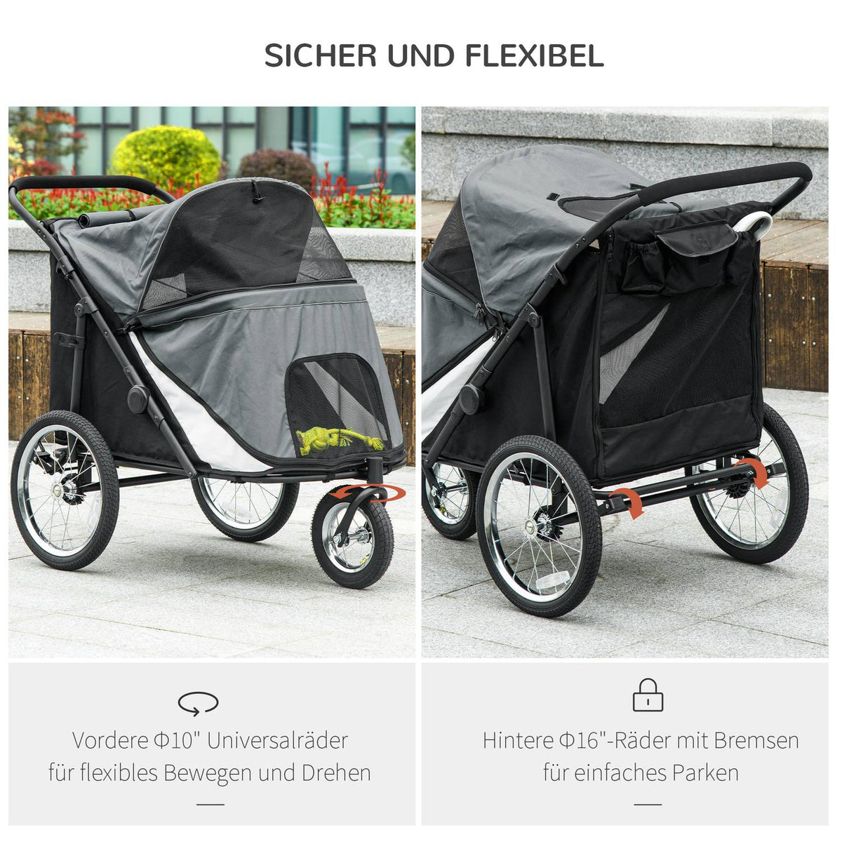 Dog Cart Dog Buggy Mesh Window Foldable Cat Cart Safety Leash Large Rubber Wheels Up To 30Kg Oxford Gray