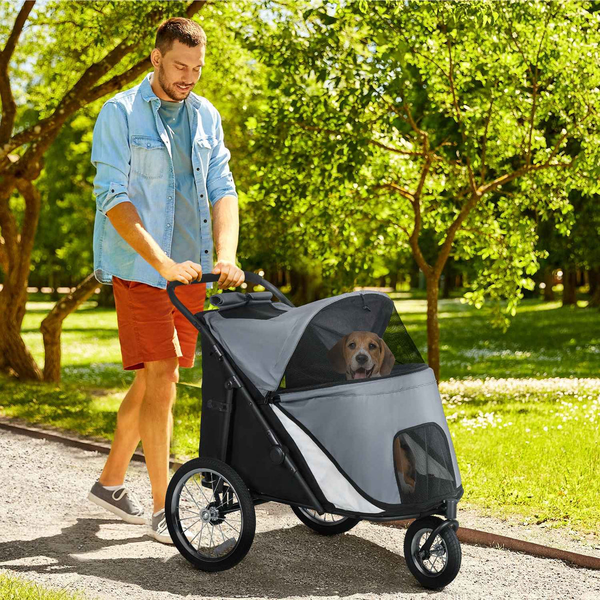 Dog Cart Dog Buggy Mesh Window Foldable Cat Cart Safety Leash Large Rubber Wheels Up To 30Kg Oxford Gray