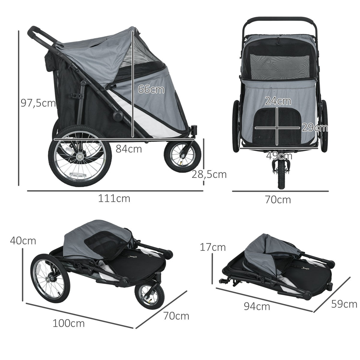 Dog Cart Dog Buggy Mesh Window Foldable Cat Cart Safety Leash Large Rubber Wheels Up To 30Kg Oxford Gray