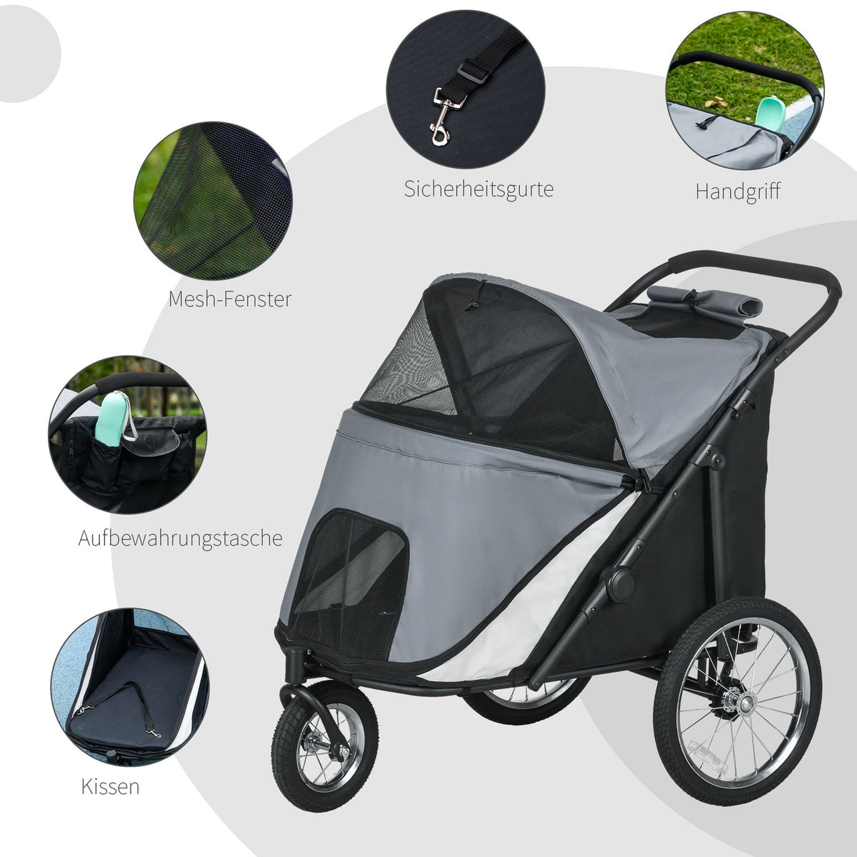 Dog Cart Dog Buggy Mesh Window Foldable Cat Cart Safety Leash Large Rubber Wheels Up To 30Kg Oxford Gray