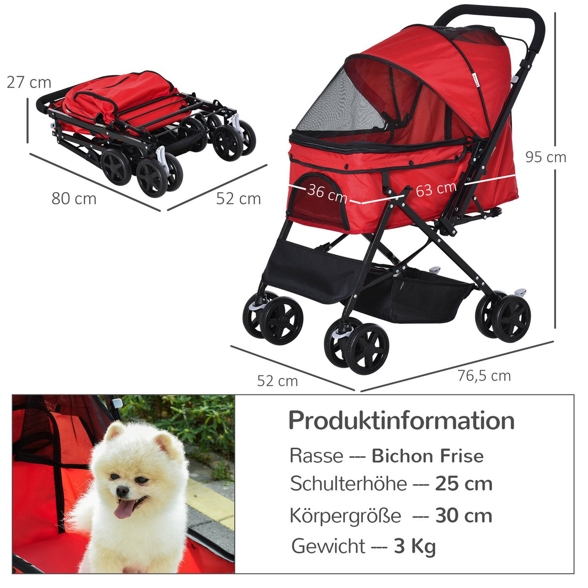 Dog Cart Oxford Red 76.5X52X95Cm Small Dogs & Cats