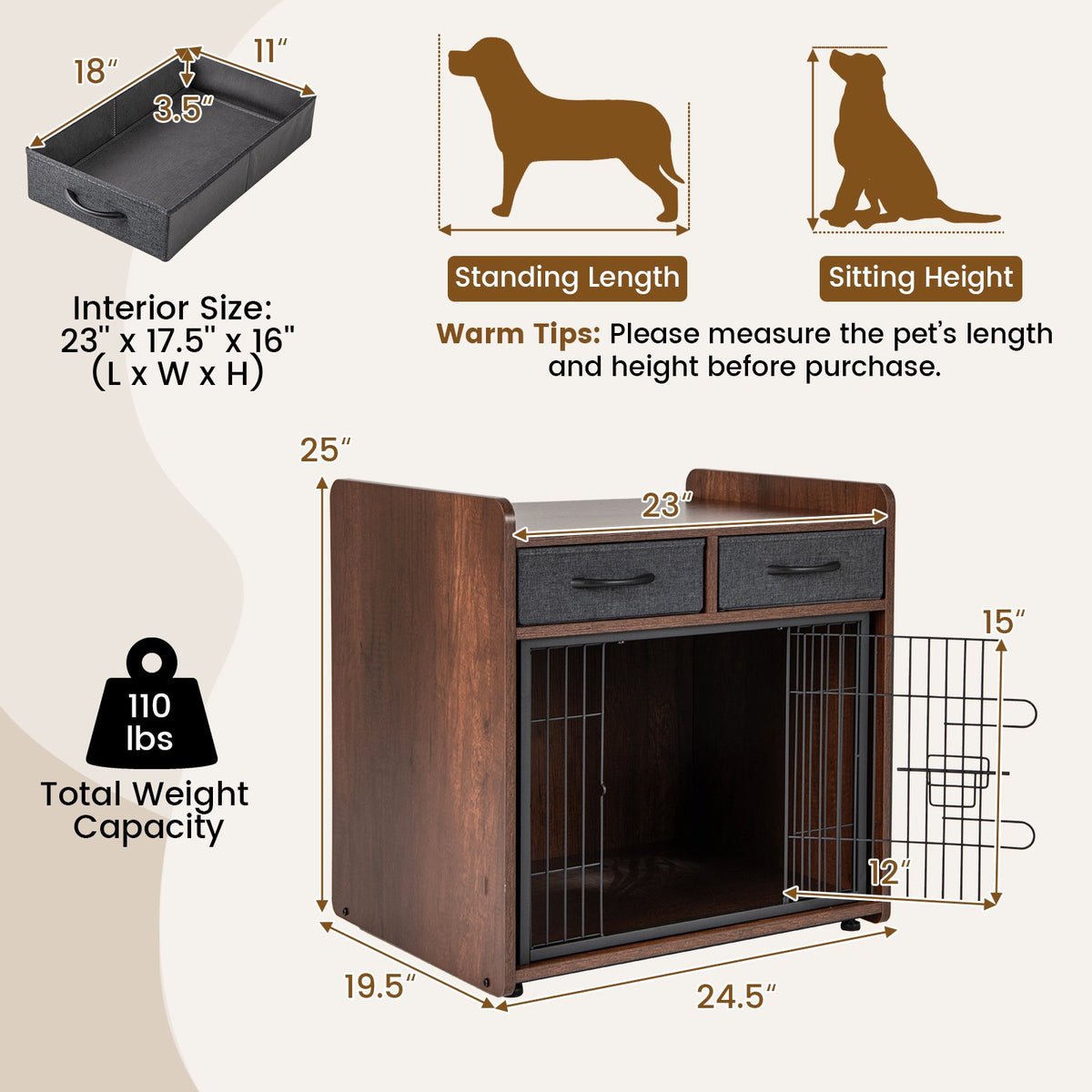 Dog Crate Furniture End Table With 2 Fabric Drawers